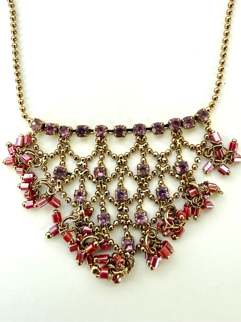 Gold-Tone Pink and Purple Beaded Fringe Necklace and Earring Set